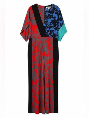 DIANE VON FURSTENBERG Silk Colorblock Floral Wide Leg Jumpsuit S 12 | Bold, Chic